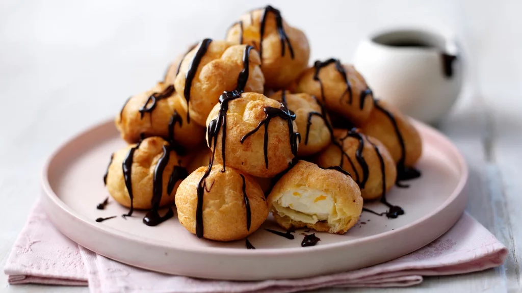 Profiteroles with whipped cream and chocolate