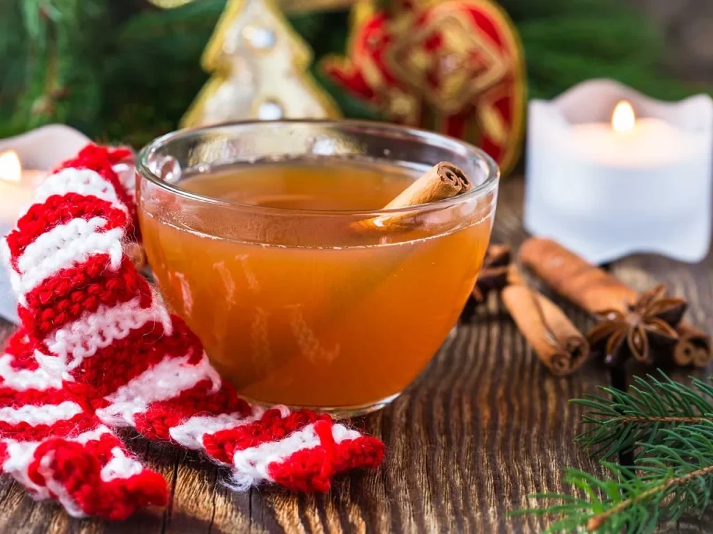 Wassail in cup and cinnamon stick
