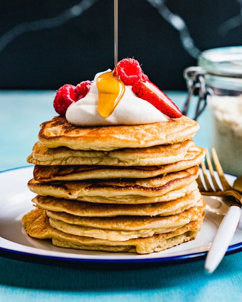Sugar free syrup drizzled on pancakes 