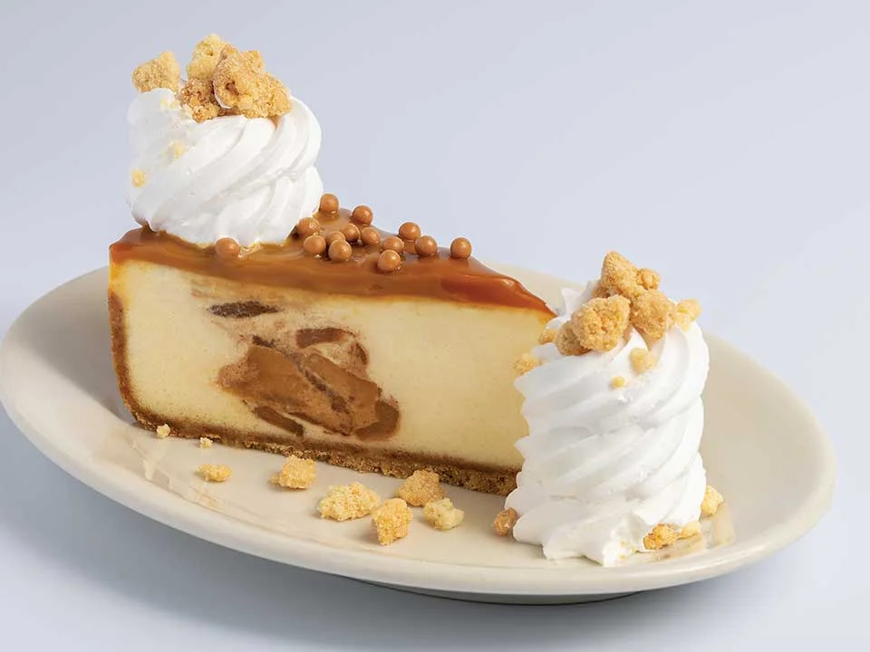 Dulce De Leche Cheesecake topped with whipped cream and roasted almonds