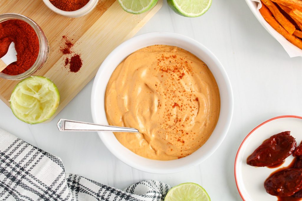 Chipotle Mayo In White Bowl With Spoon