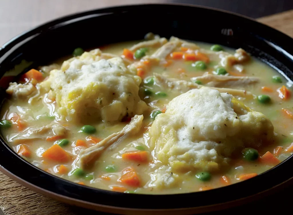 Chicken And Dumplings in a Black Bowl