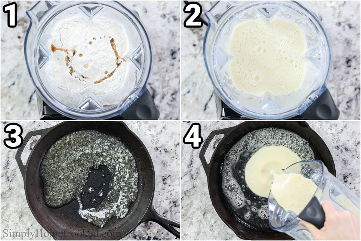 Steps to make a German Pancake: blend the flour, milk, sugar, eggs, vanilla, and salt in a blender, then add the melted butter to the hot cast iron pan, and finally add the batter.