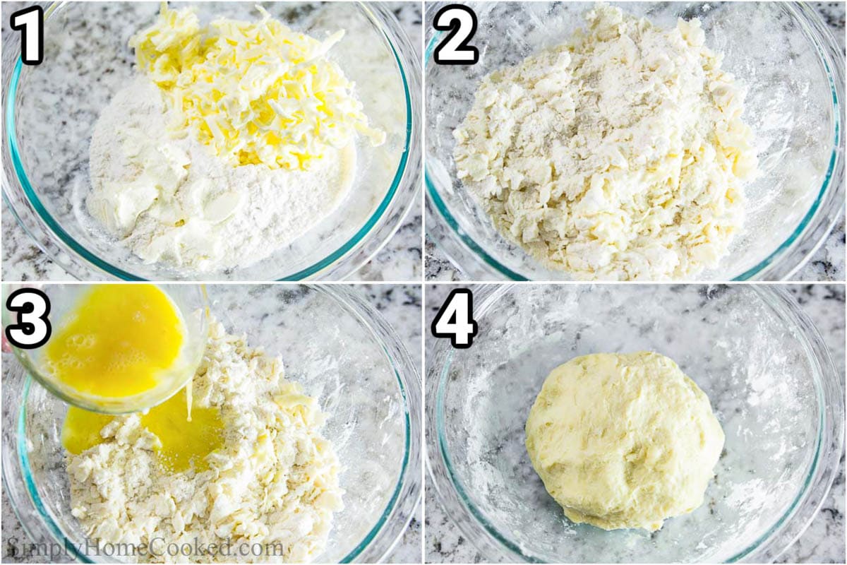 Steps to make Quiche Lorraine: combine the butter, cream cheese, flour, and salt together before adding the eggs to make the pie dough.