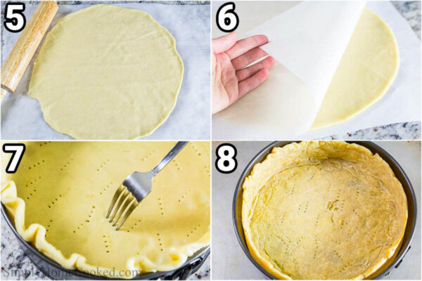 Steps to make Quiche Lorraine: roll out the dough, wrap it in parchment paper, then poke it with a fork once it&#039;s in the pie tin before baking.