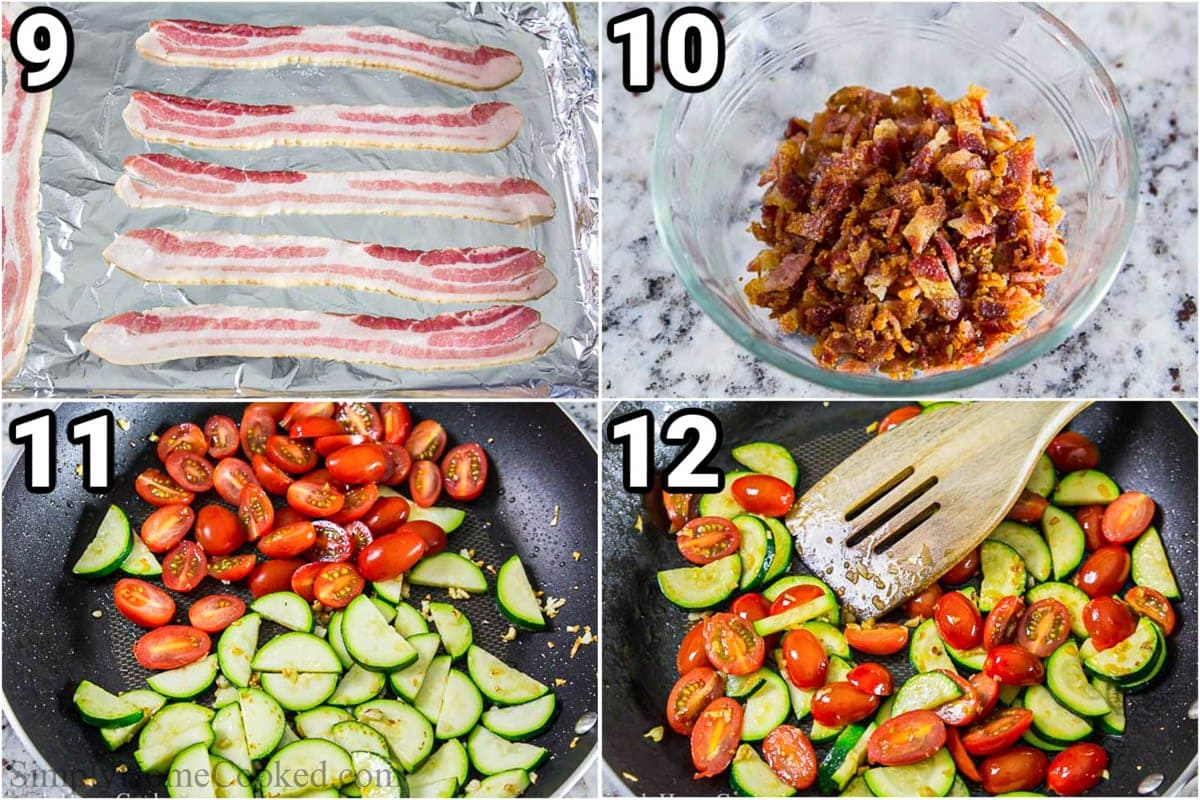 This vegetable-loaded quiche Lorrain recipe is bursting with amazing flavor from all the pan-seared veggies, crispy bacon bits, and melted cheese. #quiche #quicheLorraine #lorraine #quicherecipe #breakfastpie #savorypie Steps to make Quiche Lorraine: cook and chop the bacon, then saute the zucchini and cherry tomatoes.