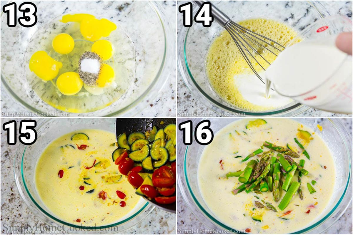 Steps to make Quiche Lorraine: combine the eggs with salt and pepper, add heavy cream, then add the tomatoes, zucchini, and asparagus and cheese.