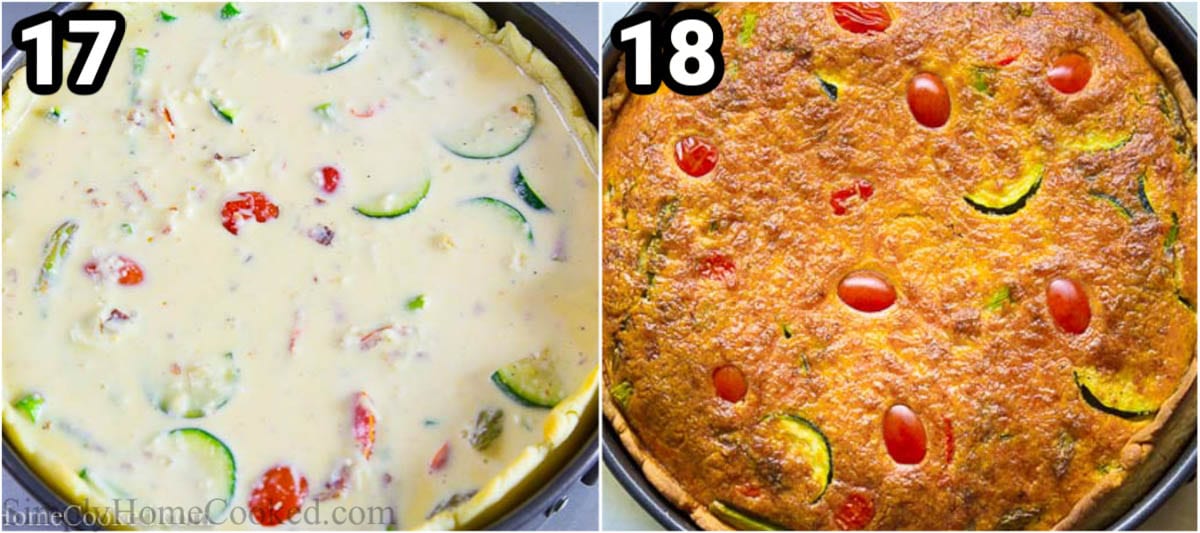 Steps to make Quiche Lorraine: bake the quiche until golden brown and no longer jiggly.