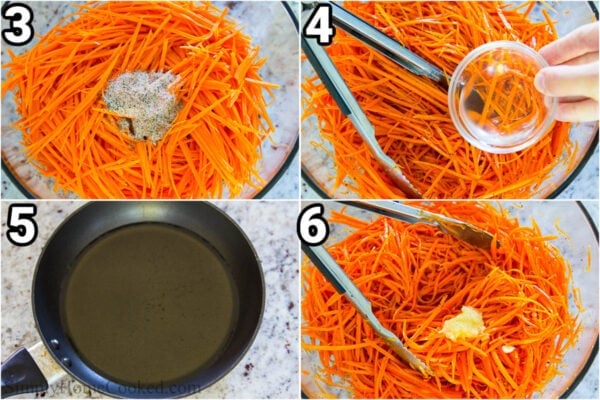 Steps to make Shredded Carrot Salad: add the spices to shredded carrots, then toss with tongs, adding the oil, vinegar, and grated garlic.