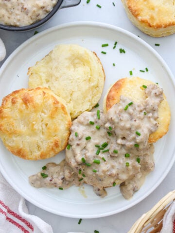 Plate of Biscuits and Sausage Gravy topped with chives