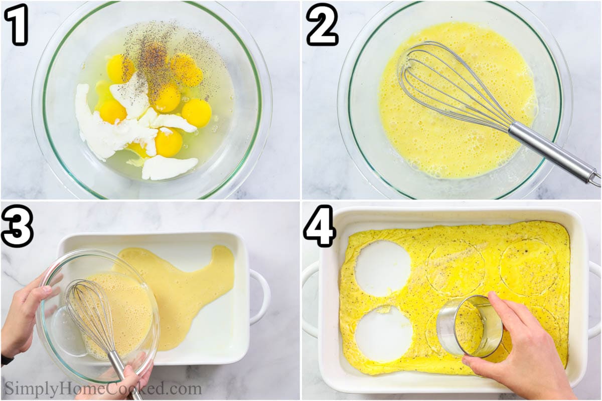 Convenient and delicious, breakfast sandwiches are the perfect choice on busy weekday mornings. Your family will love the savory flavors as well as the chewy texture of the English muffin. #homemadebreakfastsandwich #bestbreakfast #homemadeeggsandwich #easybreakfastsandwich #yummybreakfastsandwich Steps to make Breakfast Sandwich (3 ways): whisk the eggs, half & half, salt, and pepper in a bowl and bake it in a pan with butter, then cut out circles.