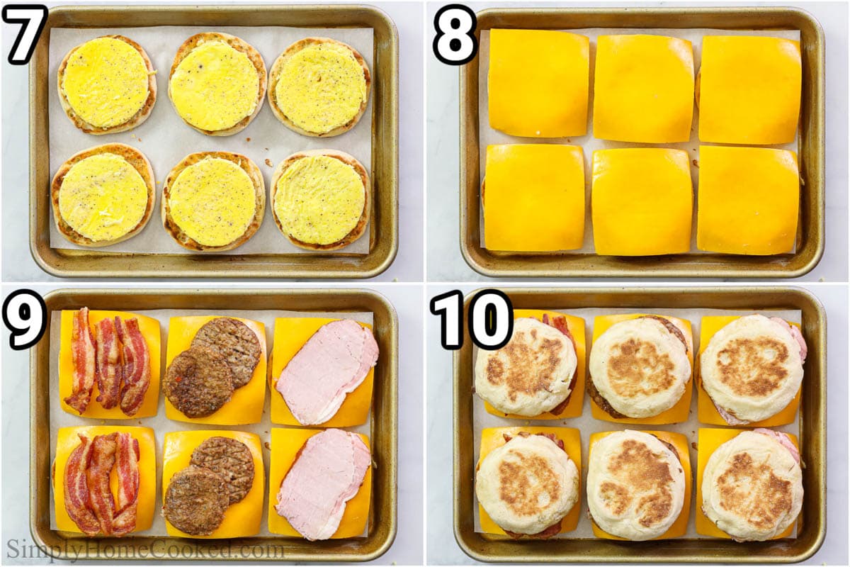 Steps to make Breakfast Sandwich (3 ways): assemble the sandwiches with English muffin, eggs, cheese, and meat on a pan.