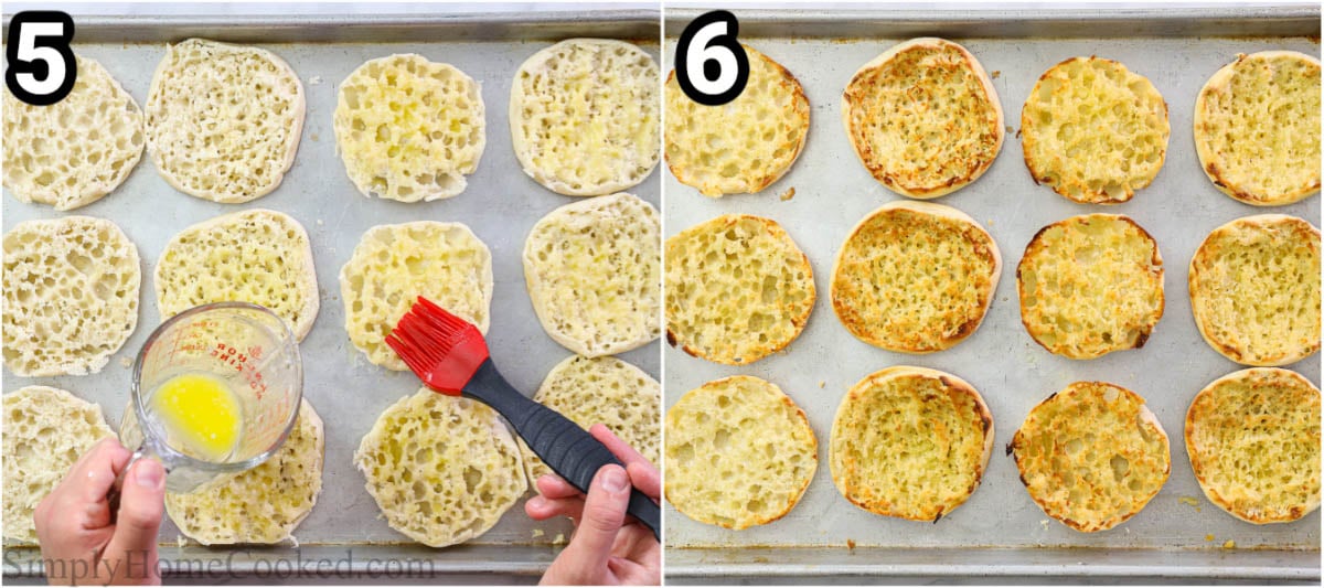 Steps to make Breakfast Sandwich (3 ways): butter the halves of the English muffins and bake them.