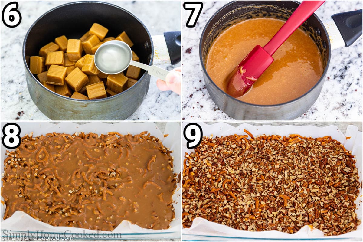 Steps to make Chocolate Caramel Pretzel Bars: melt the caramels in a saucepan, then add them to the pretzels and top with pecans.