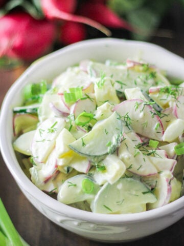 Cucumber Radish Salad in a white bowl