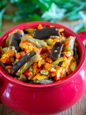 Eggplant Salad in a red bowl