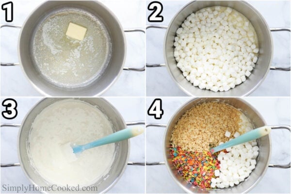Steps to make Fruity Pebbles Treats: melt the butter in a pot, then add the mini marshmallows and stir until they melt. Now add the Fruity Pebbles and Rice Krispies to the mix and combine with a rubber spatula.