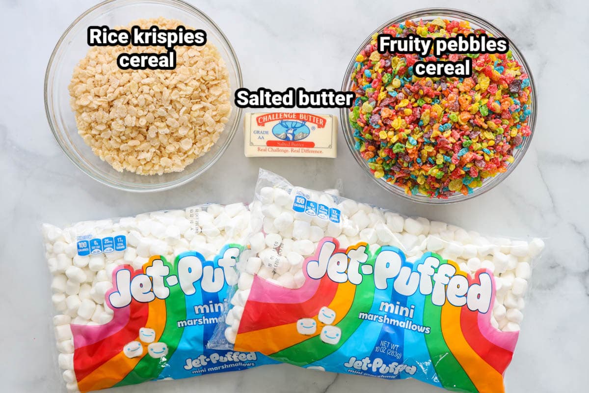 Ingredients for Fruity Pebbles Treats: Rice Krispies cereal, Fruity Pebbles cereal, salted butter, and mini marshmallows.