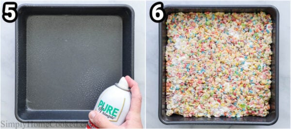 Steps to make Fruity Pebbles Treats: spray the pan with cooking spray and then press the marshmallow and cereal mixture into it and allow to cool.