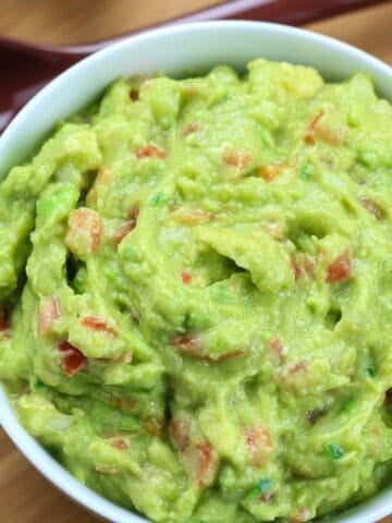 Overhead view of Guacamole in a white bowl