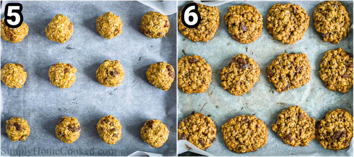 Steps to make Chewy Oatmeal Raisin Cookies: Roll the dough out into balls and bake on a baking sheet.