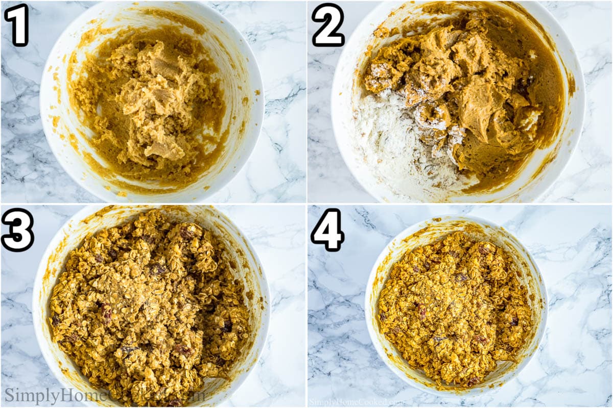 Steps to make Chewy Oatmeal Raisin Cookies: combine the wet and dry ingredients in a bowl to make the cookie dough.
