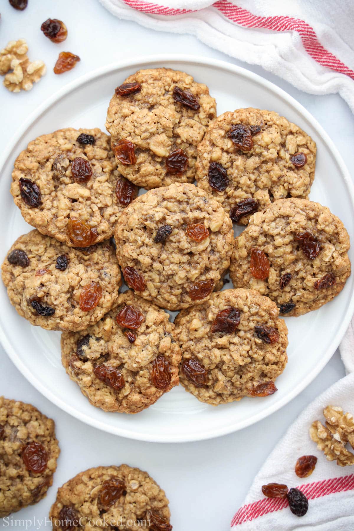 Plate of Chewy Oatmeal Raisin Cookies.