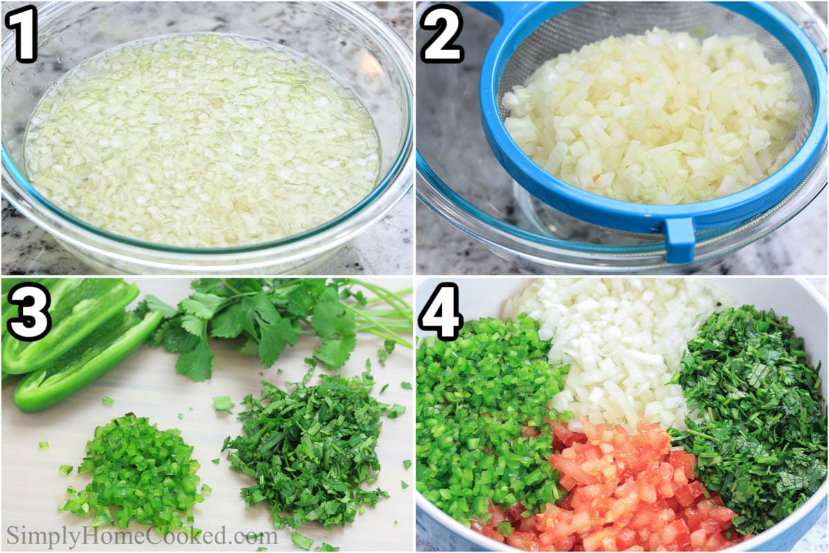 This homemade pico de gallo recipe is so delicious. Make it ahead of time and serve it with nachos, salads, and tacos. #picorecipe #healthysidedish #picodegalloapp #picodegallosidedish Steps to make Pico de Gallo: soak the diced onions and drain them, then dice the cilantro, jalapenos, and tomatoes, adding everything together in a bowl.