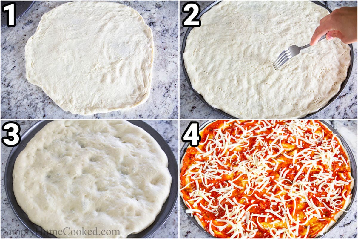 Steps to make Margherita Pizza: roll out the dough and poke holes in it with a fork, then bake and add sauce and mozzarella.