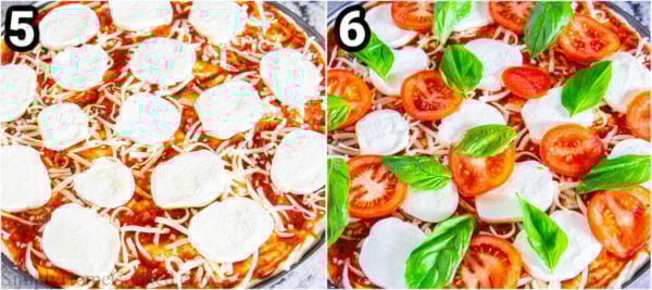 Steps to make Margherita Pizza: add the fresh mozzarella and tomatoes, bake, and then top with basil leaves.