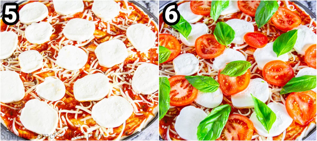 Steps to make Margherita Pizza: add the fresh mozzarella and tomatoes, bake, and then top with basil leaves.