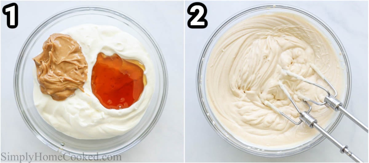 Steps to make Peanut Butter Yogurt Dip: add honey, yogurt, and peanut butter to a bowl and mix with an electric hand mixer.