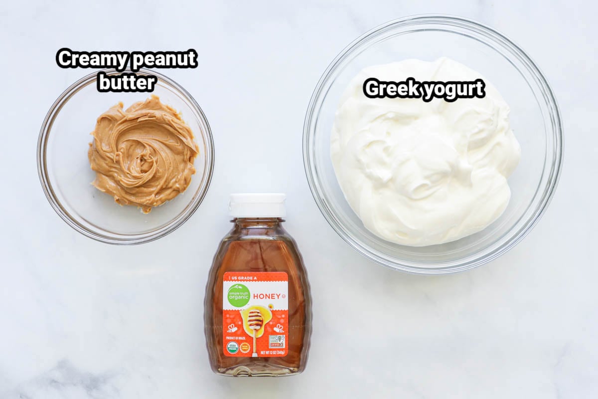 Ingredients for Peanut Butter Yogurt Dip: Greek yogurt, creamy peanut butter, and honey.