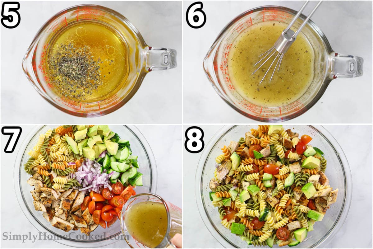 Steps to make Chicken Pasta Salad: combine the oil, vinegar, honey, lemon juice, water, Italian spices, and salt in a measuring cup with a whisk, then add the avocado, chicken, pasta, onion, and tomatoes to a bowl and toss with dressing.