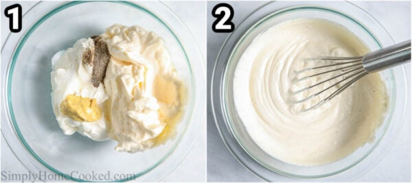 Steps to make Creamy Pasta Salad: combine the mayo, sour cream, dijon mustard, salt, and pepper together with a whisk.