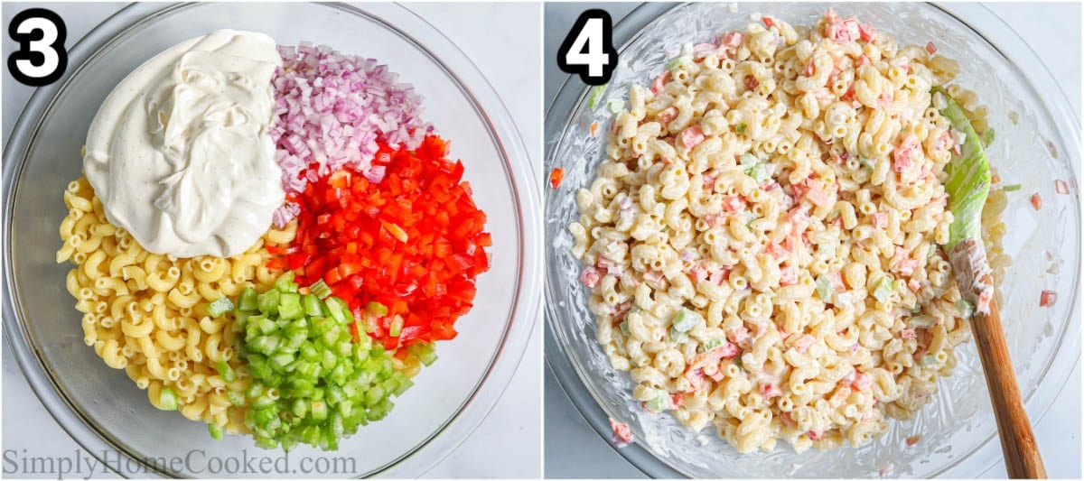 This Classic Creamy Pasta Salad is so easy to make. You can even make it the day before to save time on those busy weeknights. #easycreamypastasalad #makeaheadpoastasalas #makeaheadsides #mealpreppastasalad Steps to make Creamy Pasta Salad: combine the dressing with the diced red pepper, onion, and celery, and elbow macaroni.