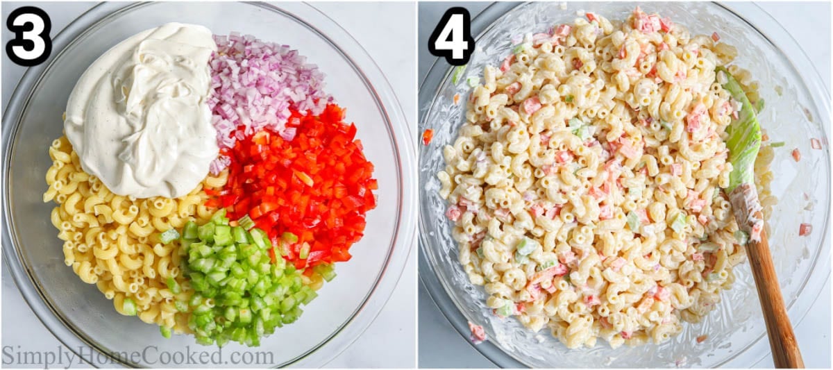 Step-by-step process to make Creamy Pasta Salad: combine the dressing with diced red pepper, onion, celery, and elbow macaroni.