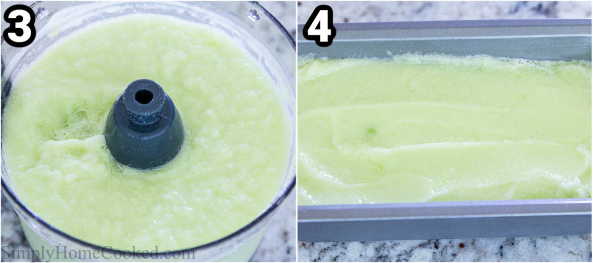 Steps to make Honeydew Melon Sorbet: blend everything together and then freeze in a loaf pan.