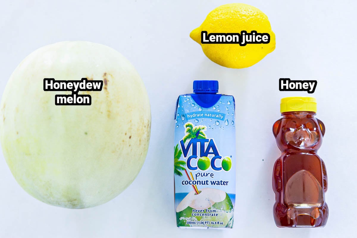 Ingredients for Honeydew Melon Sorbet: honeydew melon, lemon juice, coconut water, and honey.