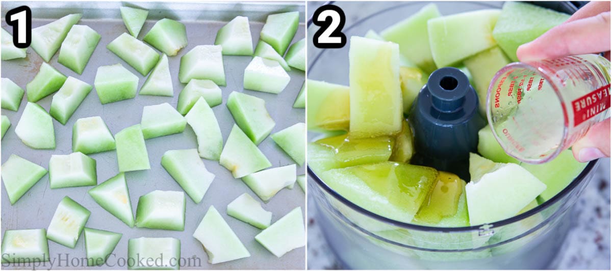 Steps to make Honeydew Melon Sorbet: peel, cube, and freeze the melon, then add it to a food processor with the lemon juice, honey, and coconut water.