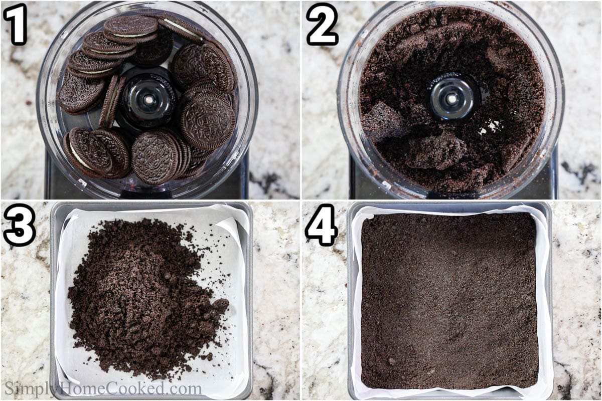 Steps to make No-bake Chocolate Cheesecake Bars: grind the Oreos with melted butter in a food processor, then press them into a baking pan and bake to set.