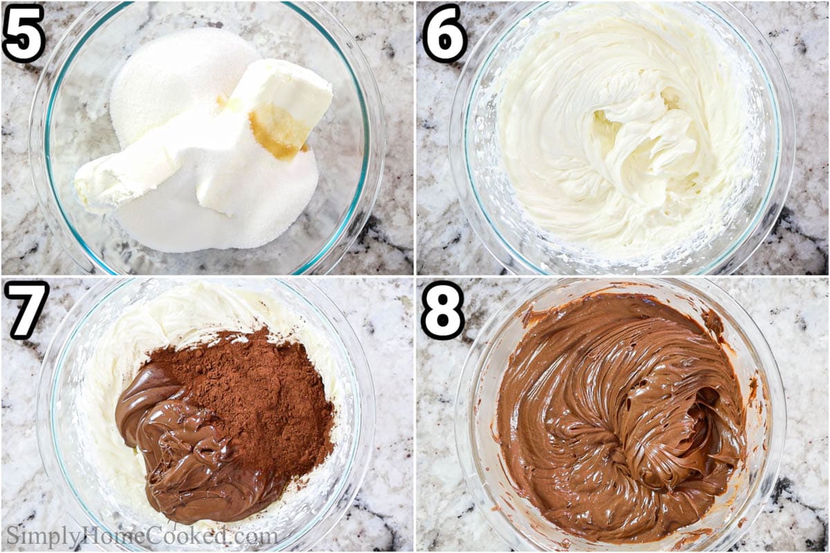 Steps to make No-bake Chocolate Cheesecake Bars: combine the cream cheese, sugar, salt, melted chocolate chips, vanilla, and cocoa for the filling.