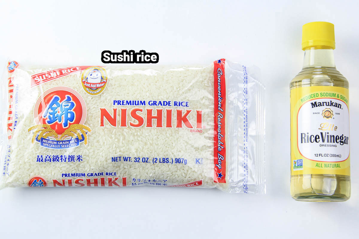 Ingredients for Shrimp Tempura Roll: sushi rice and rice vinegar.