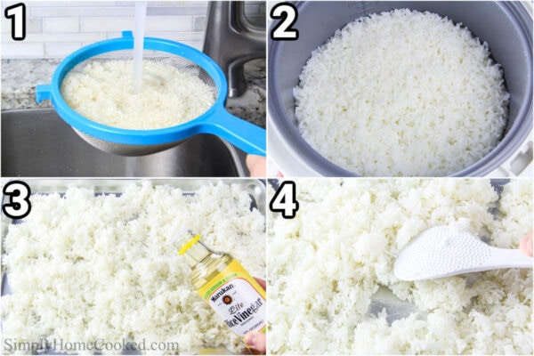 Steps to make Shrimp Tempura Roll: rinse the rice and then cook it, then spread it over a sheet pan and mix in the rice vinegar.