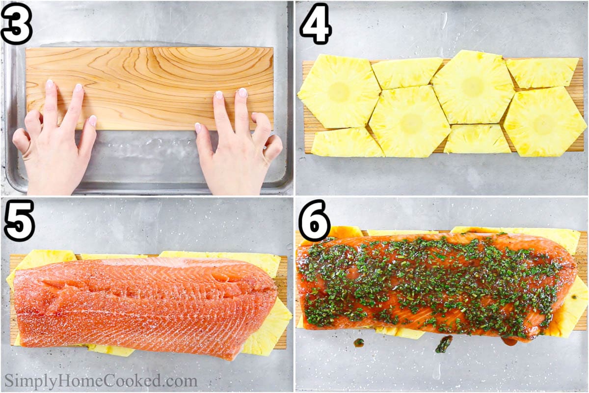 Steps to make Grilled Honey Soy Salmon: soak the cedar planks, then layer on pineapple slices and the salmon, and cover with the marinade.