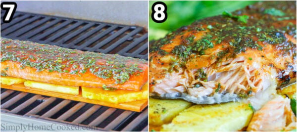 Steps to make Grilled Honey Soy Salmon: grill the salmon on a bed of pineapple and cedar planks.
