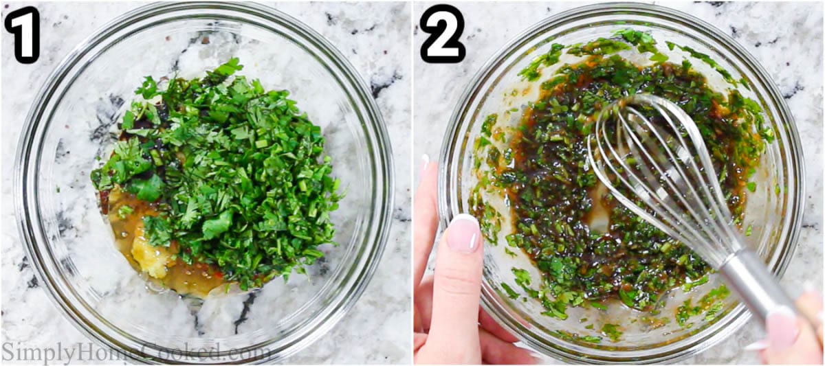 Steps to make Grilled Honey Soy Salmon: Combine the pressed garlic, ginger, sriracha, olive oil, honey, soy sauce, and chopped cilantro in a bowl.