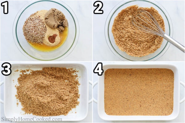 Steps to make No-bake Cheesecake Bars: combine the graham cracker crumbs, brown sugar, pecans, cinnamon, and melted butter and then press them into a baking dish to bake and cool.