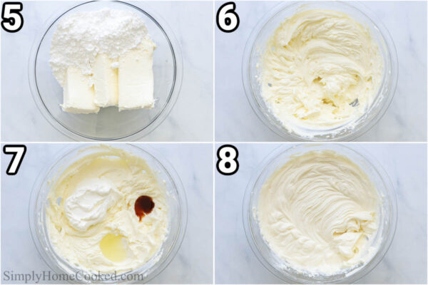 Steps to make No-bake Cheesecake Bars: create the filling by mixing sour cream, lemon juice, vanilla, cream cheese, and sugar in a bowl.