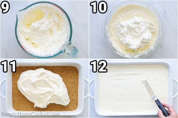 Steps to make No-bake Cheesecake Bars: whip heavy cream into whipped cream and fold into the cheesecake filling, then spread it evenly with a spatula on the graham cracker crust.